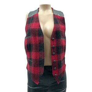 Tasha Polizzi Wool Plaid Vest Red Black Quilted Faux Leather Back Lined Womens M